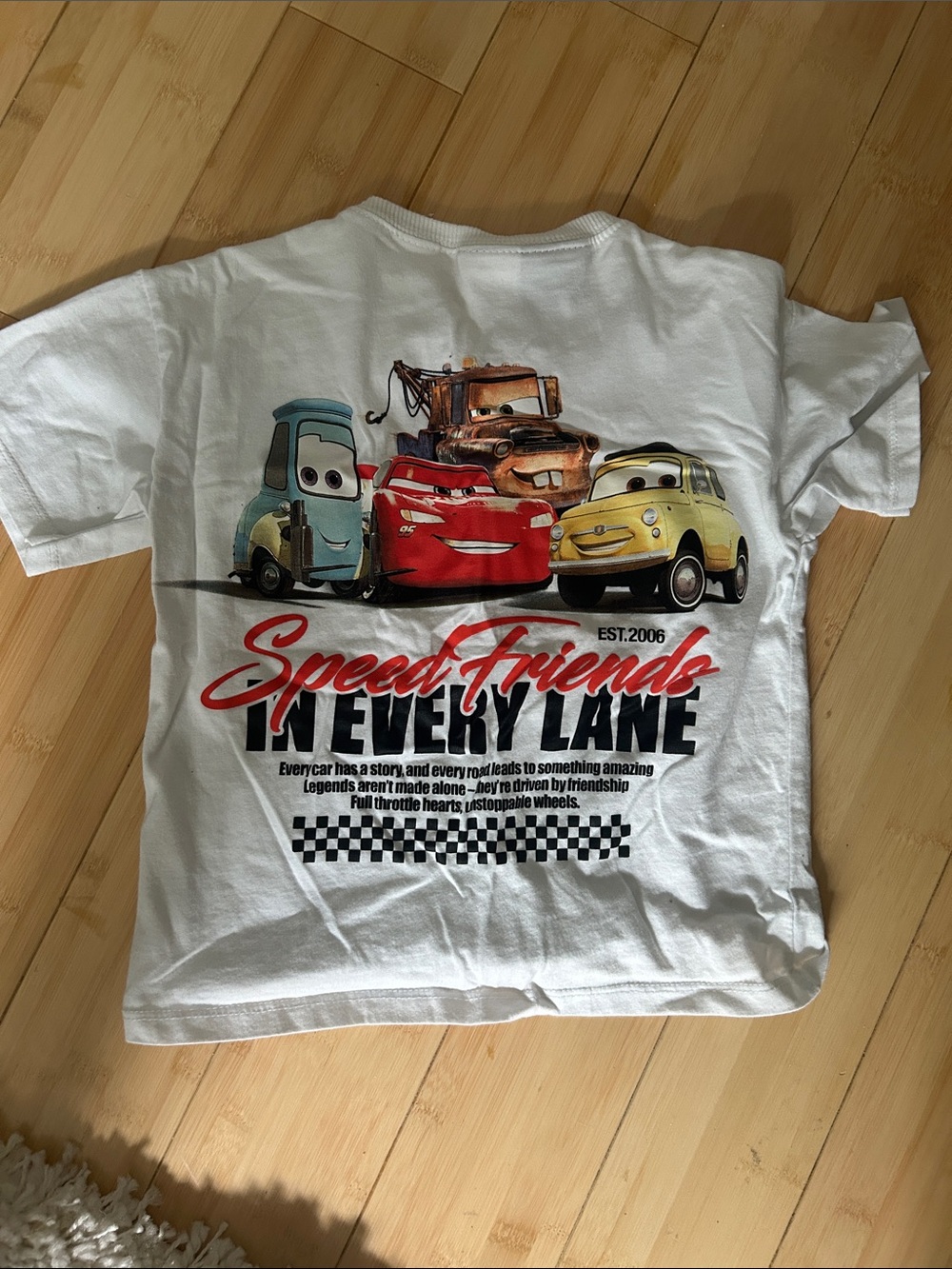 Disney White Kids Cars Graphic Tee with Red, Blue, Yellow Accents
